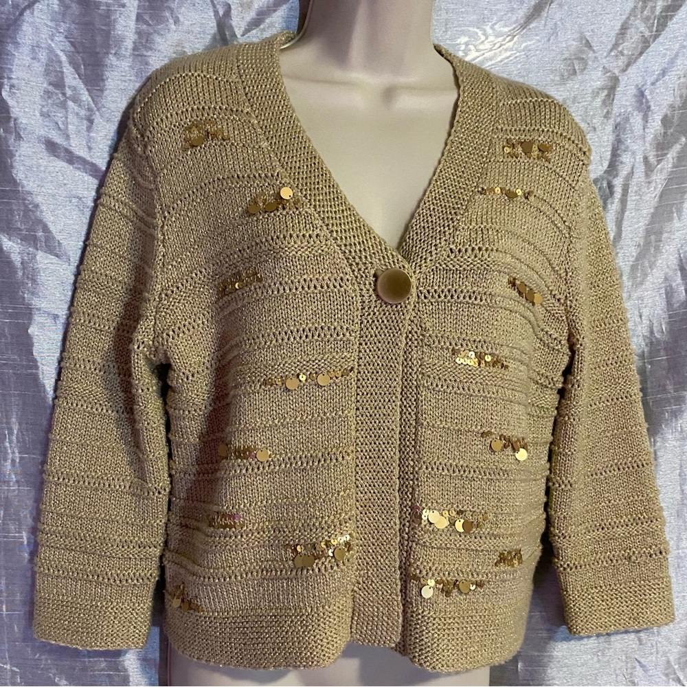 Ruby Rd heavy knit golden sweater 3/4 sleeve, SZ M GUC, sequins very sweet